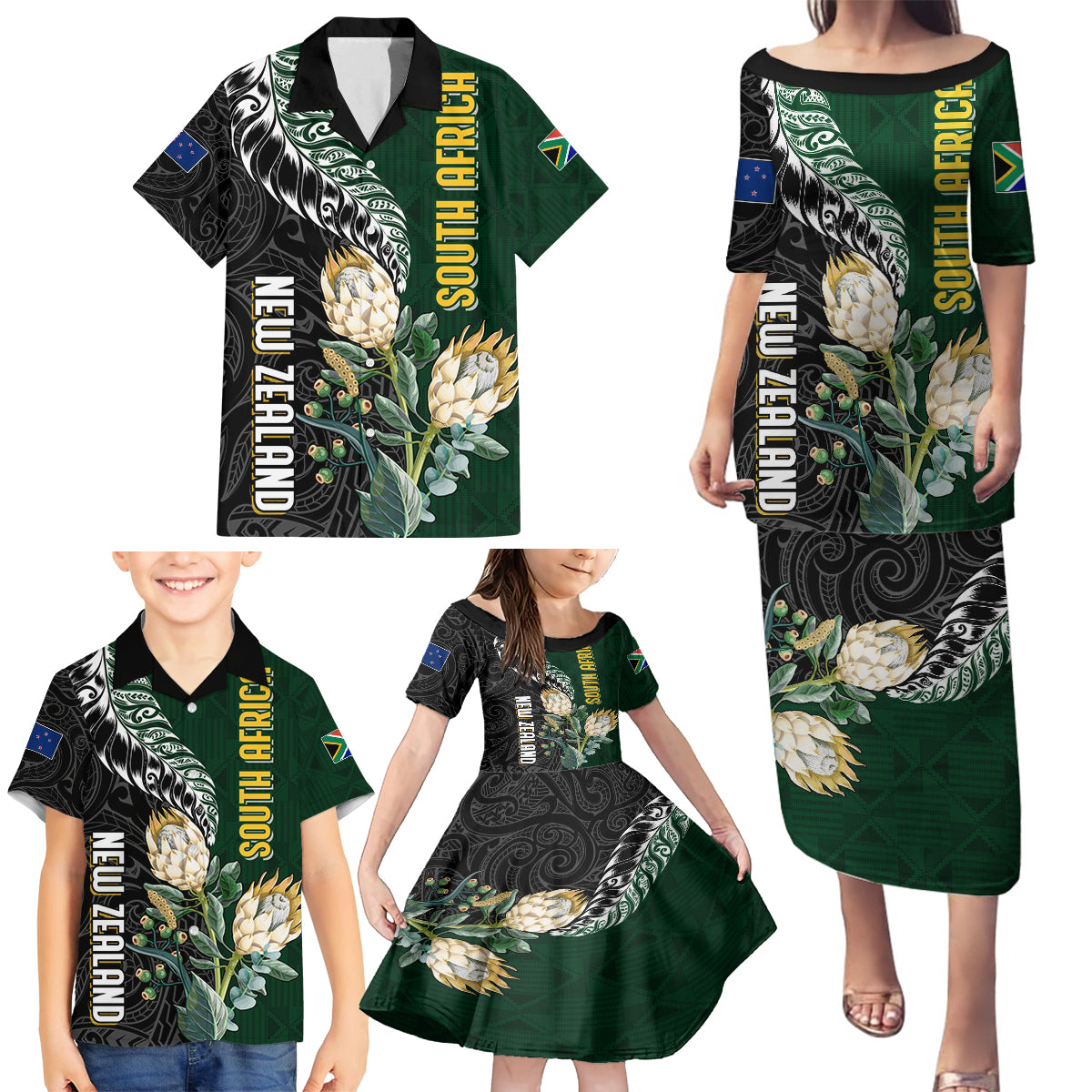 Custom South Africa Mix New Zealand Rugby 2023 Family Matching Puletasi Dress and Hawaiian Shirt World Cup Greatest Rivalry - Wonder Print Shop