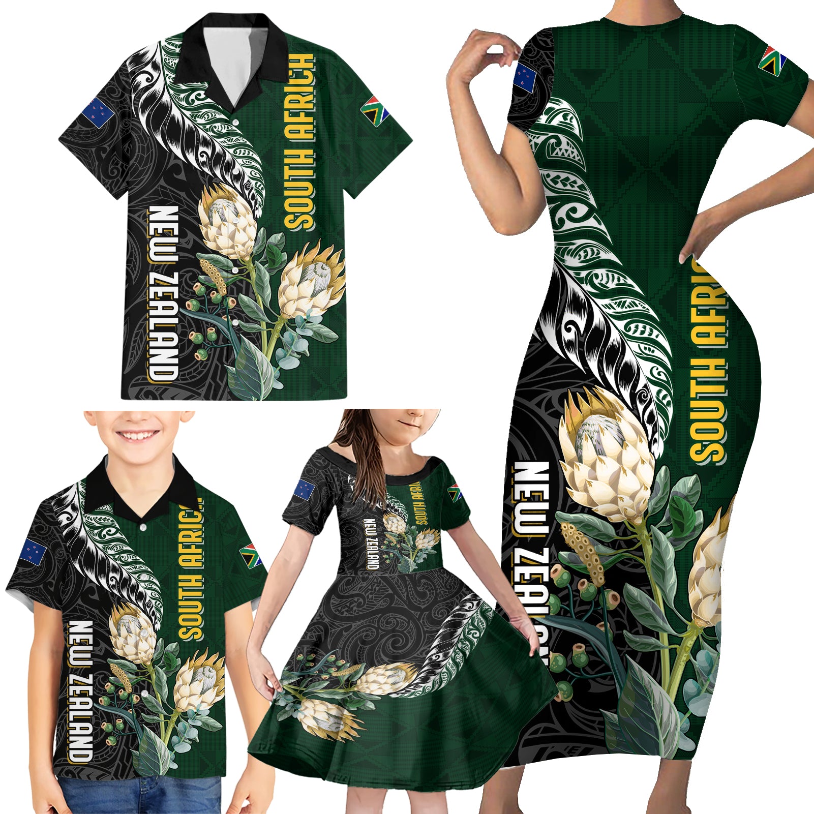 Custom South Africa Mix New Zealand Rugby 2023 Family Matching Short Sleeve Bodycon Dress and Hawaiian Shirt World Cup Greatest Rivalry - Wonder Print Shop