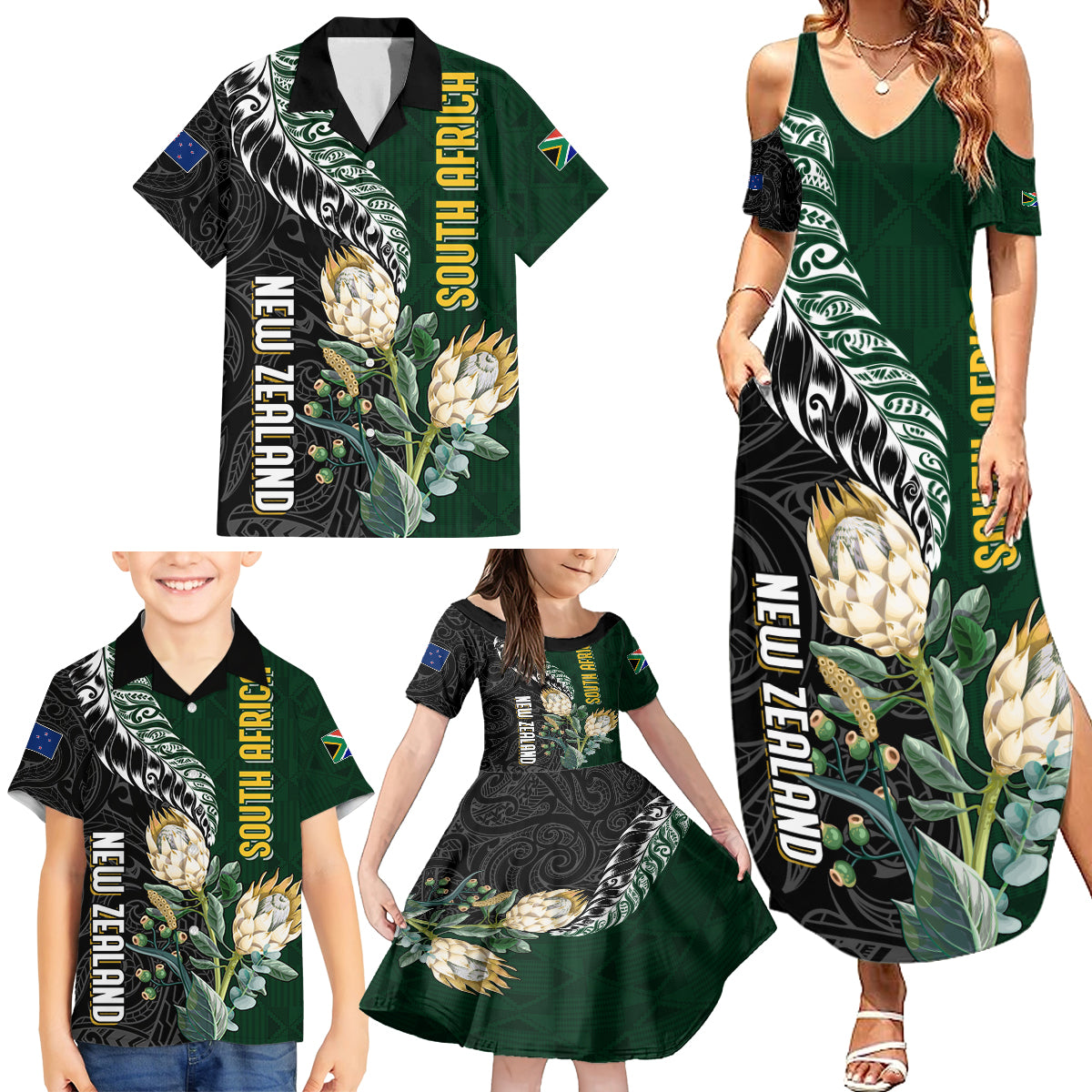 Custom South Africa Mix New Zealand Rugby 2023 Family Matching Summer Maxi Dress and Hawaiian Shirt World Cup Greatest Rivalry - Wonder Print Shop