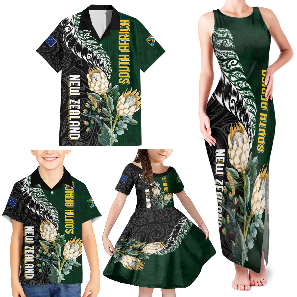 Custom South Africa Mix New Zealand Rugby 2023 Family Matching Tank Maxi Dress and Hawaiian Shirt World Cup Greatest Rivalry - Wonder Print Shop