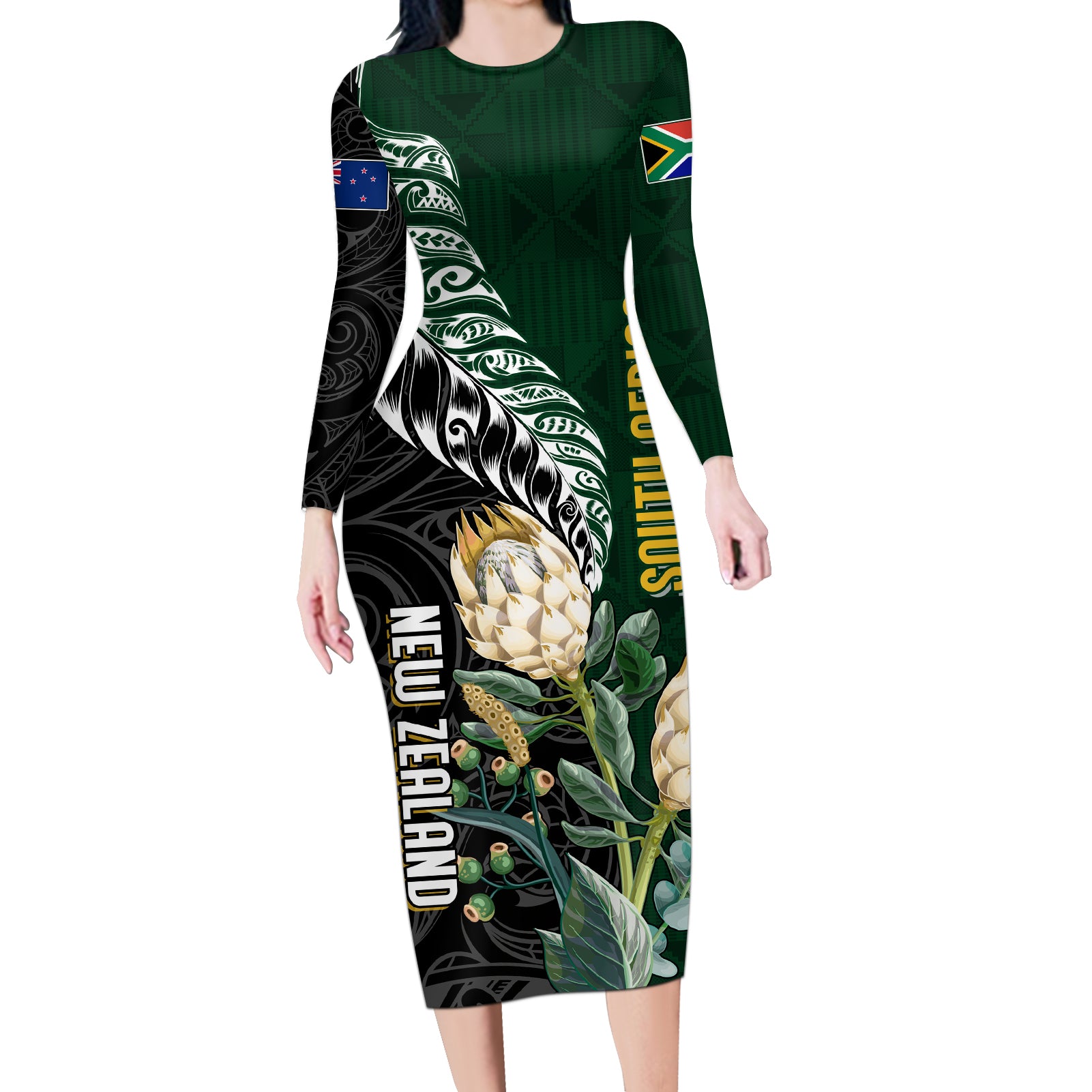 Custom South Africa Mix New Zealand Rugby 2023 Long Sleeve Bodycon Dress World Cup Greatest Rivalry - Wonder Print Shop