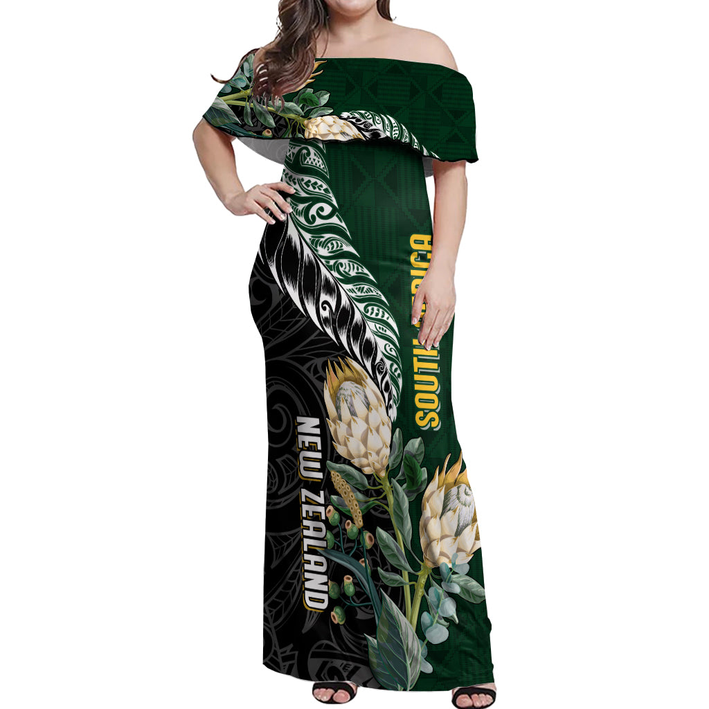 Custom South Africa Mix New Zealand Rugby 2023 Off Shoulder Maxi Dress World Cup Greatest Rivalry - Wonder Print Shop