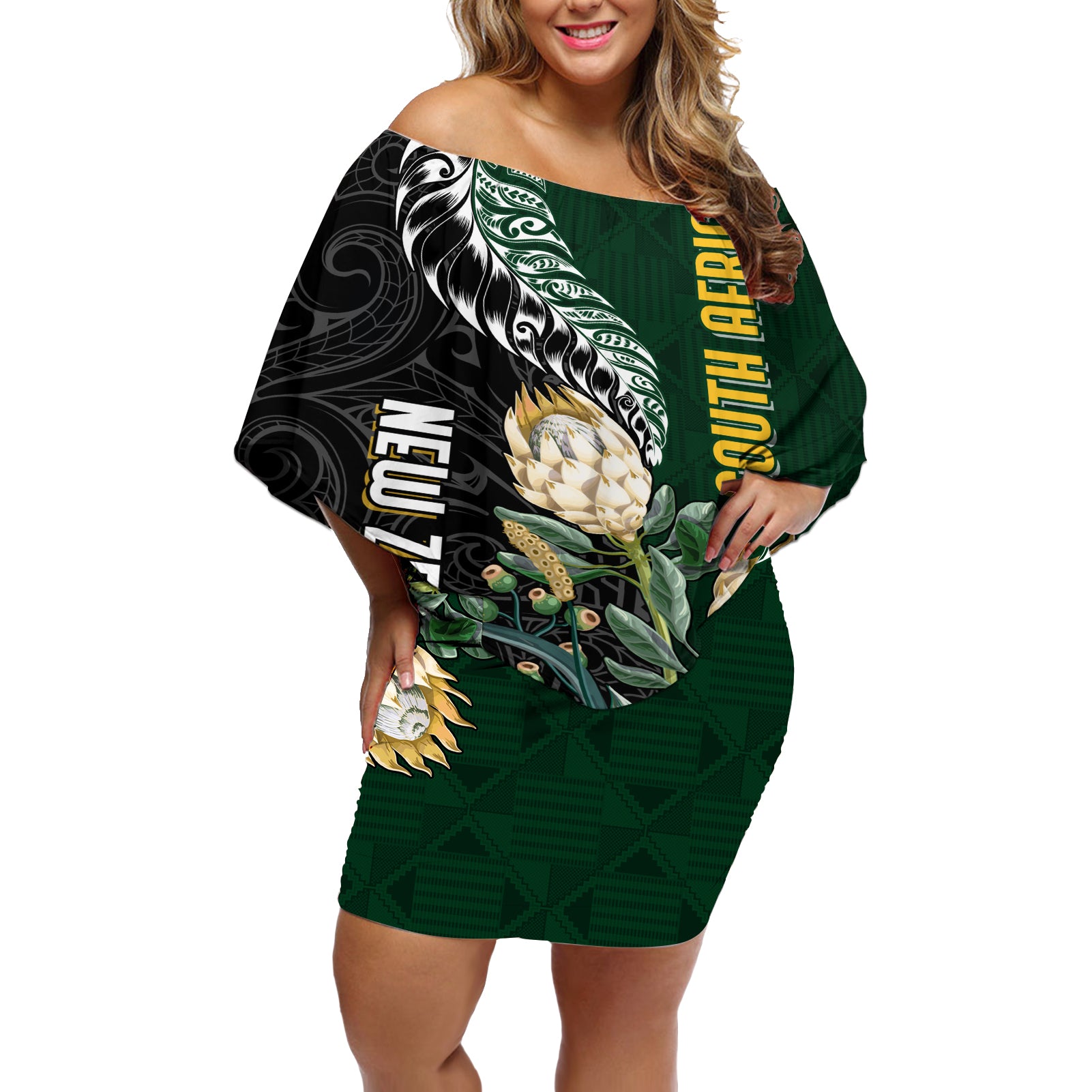 Custom South Africa Mix New Zealand Rugby 2023 Off Shoulder Short Dress World Cup Greatest Rivalry - Wonder Print Shop