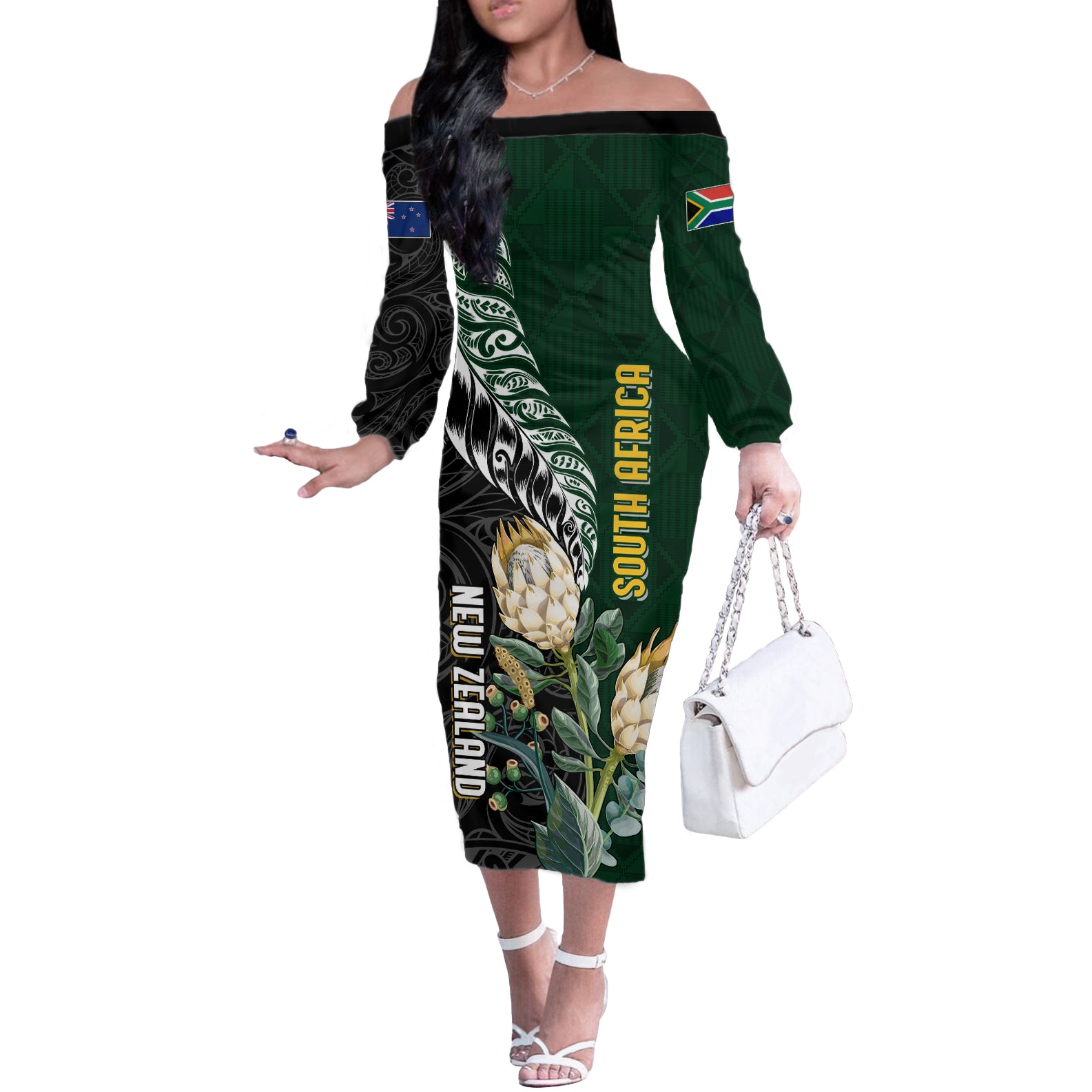 Custom South Africa Mix New Zealand Rugby 2023 Off The Shoulder Long Sleeve Dress World Cup Greatest Rivalry - Wonder Print Shop