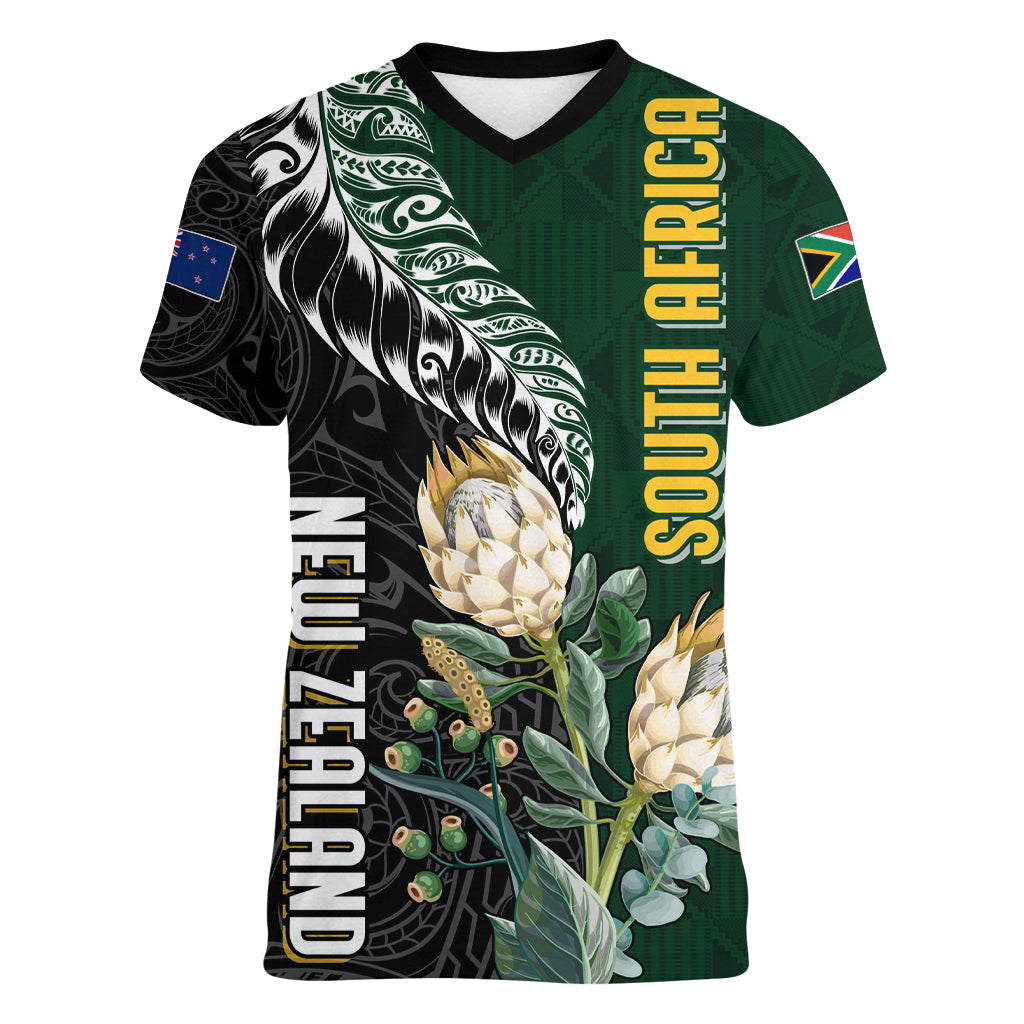 Custom South Africa Mix New Zealand Rugby 2023 Women V Neck T Shirt World Cup Greatest Rivalry - Wonder Print Shop