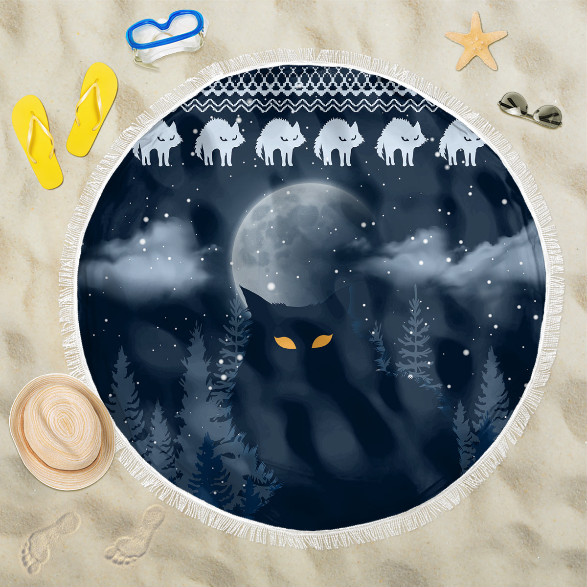 Round navy beach blanket with white fringe, snowy night cat and moon forest print