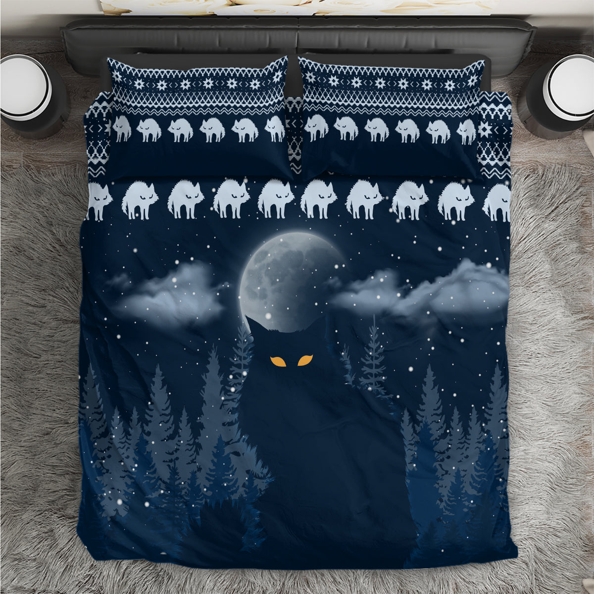 Blue Christmas bedding set with cat silhouettes, stars, moon, and pine trees