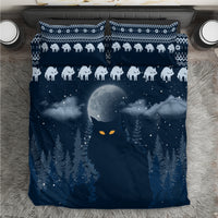 Blue Christmas bedding set with cat silhouettes, stars, moon, and pine trees