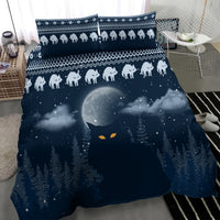 Blue Christmas bedding set with cat-and-snowflake trim, moon over pine trees