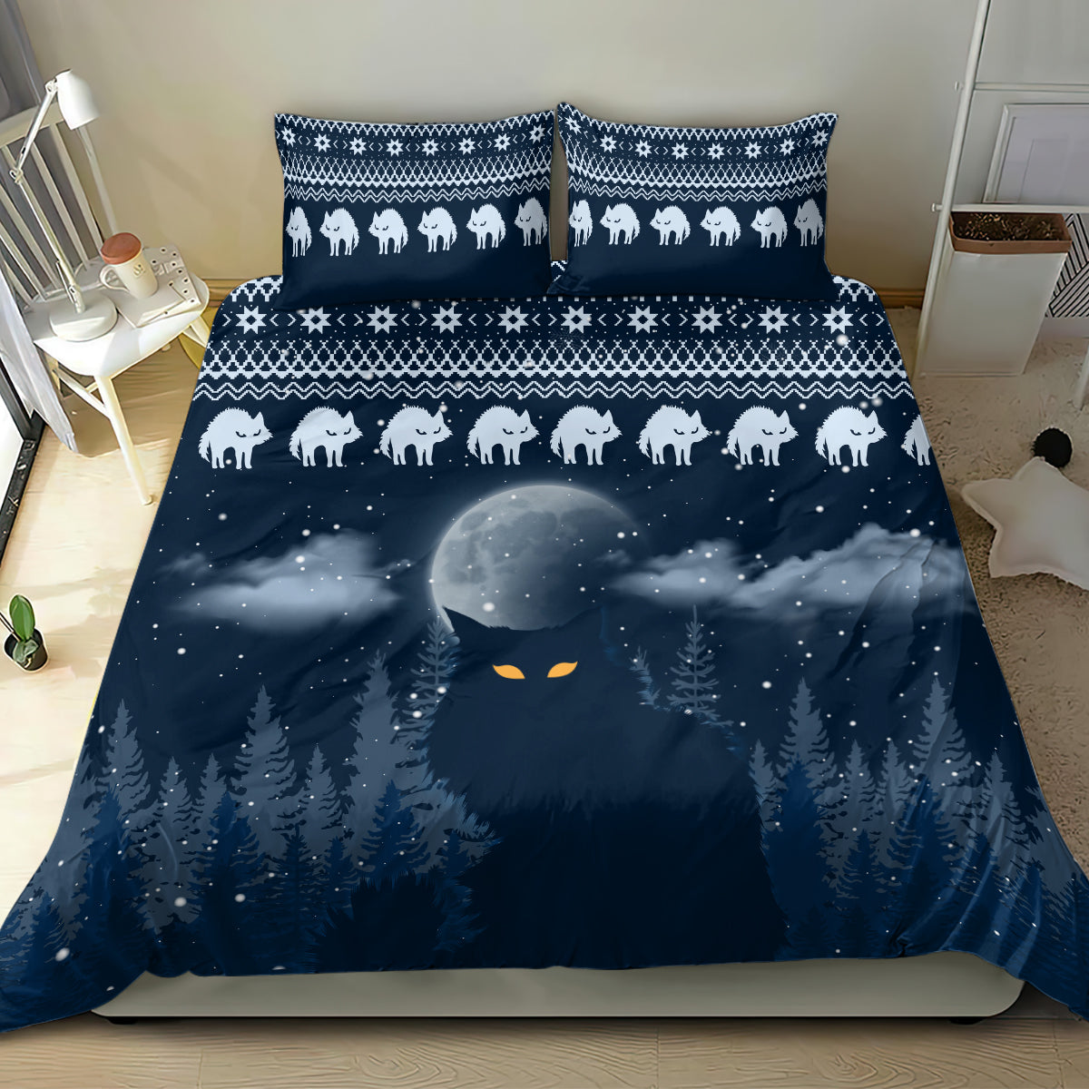 Blue Christmas bedding set with cat pattern, moonlit sky, and pine tree scenes