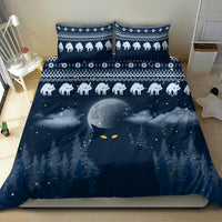 Blue Christmas bedding set with cat pattern, moonlit sky, and pine tree scenes
