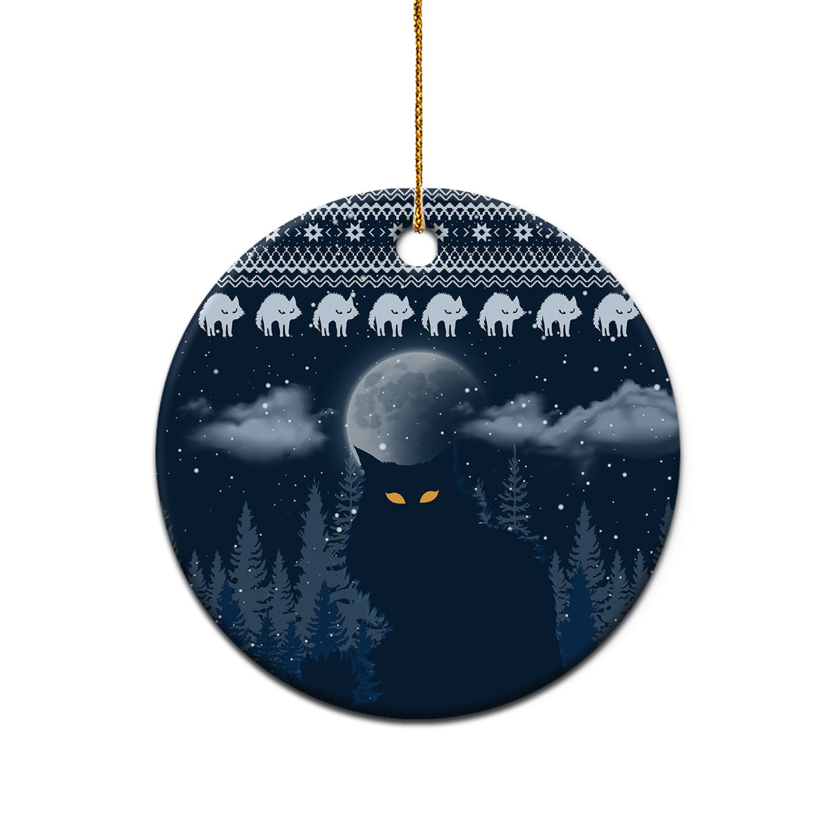 Blue ceramic round Christmas ornament with snowy night forest, cat faces, and gold hanging cord