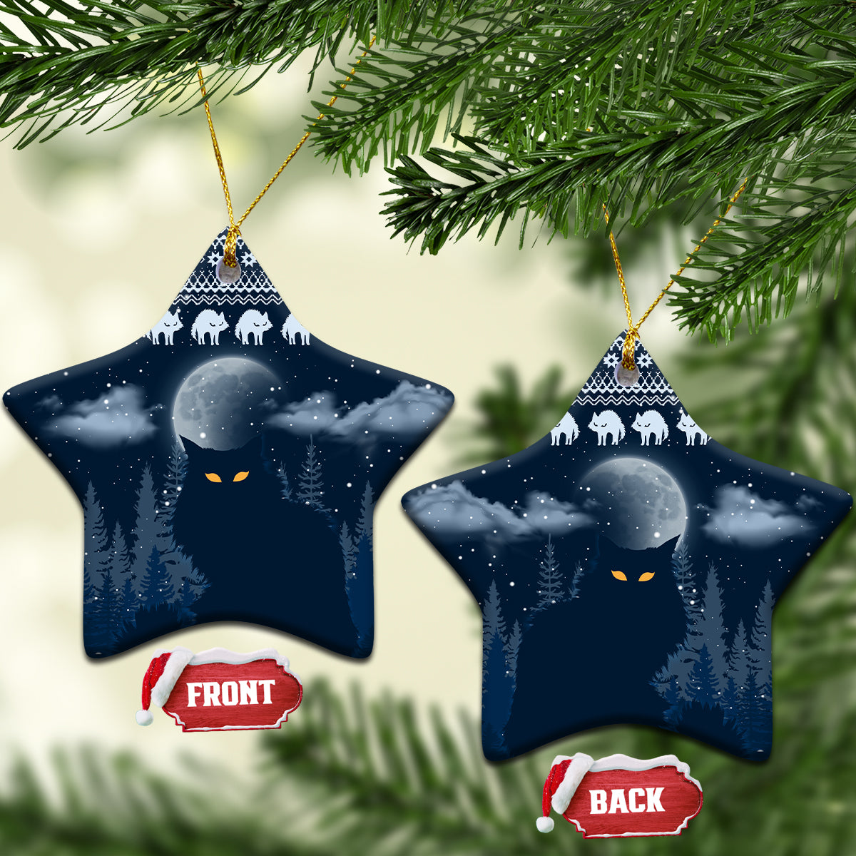 Blue ceramic star-shaped Christmas ornament with snowy night forest, cat faces, and gold hanger