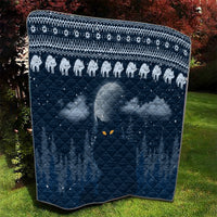 Blue cat Christmas quilt draped outdoors, white cat silhouettes along the top border