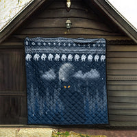 Blue cat Christmas quilt hanging in a barn, white cat silhouettes and diamond quilting
