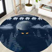 Round blue Christmas cat carpet with moonlit trees, snowy speckles, and cat silhouettes