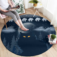 Round blue Christmas cat carpet with glowing cat eyes, crescent moon, and night forest