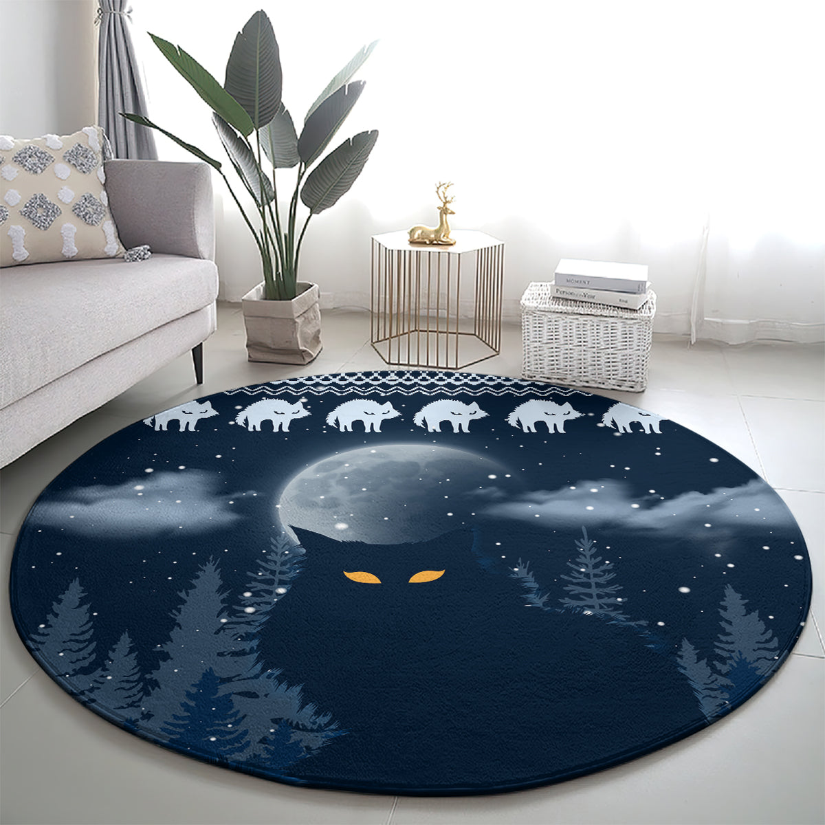 Round blue Christmas cat carpet with crescent moon, dark hill, and cat silhouettes border