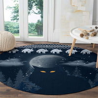 Round blue Christmas cat carpet with cat row along edge, glowing eyes, and snowy forest scene