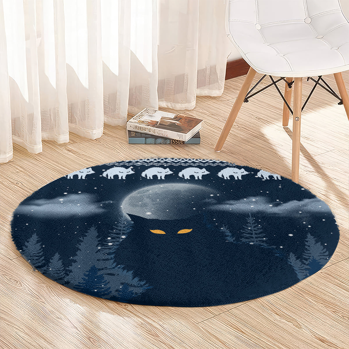 Round blue Christmas cat carpet with crescent moon, glowing cat eyes, and starry snowy forest