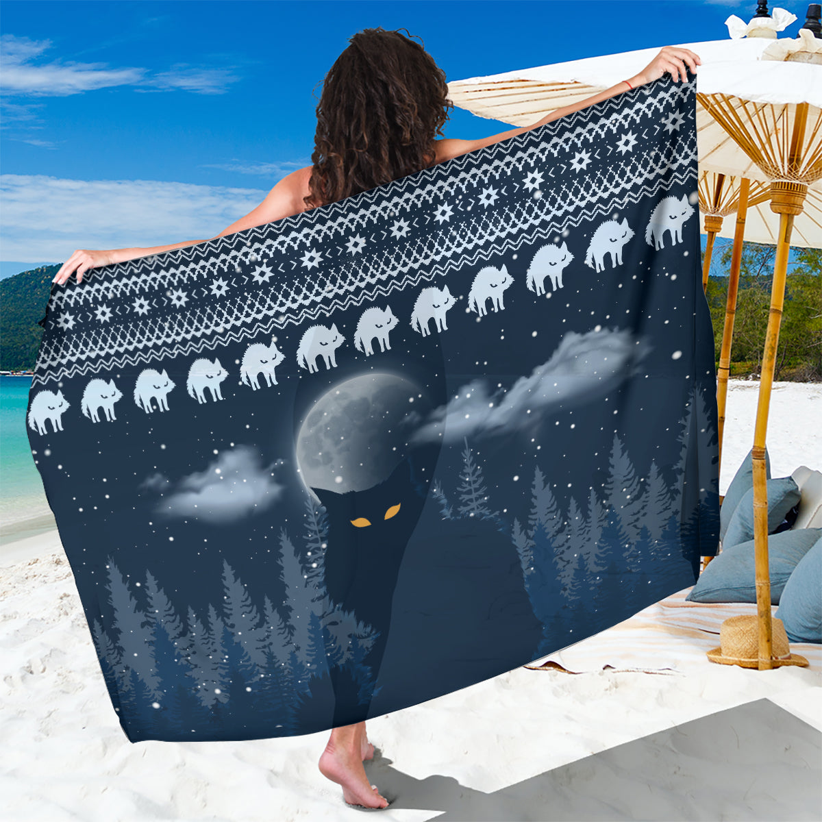 Navy cat print holiday sarong with snowy trees and star speckle motifs