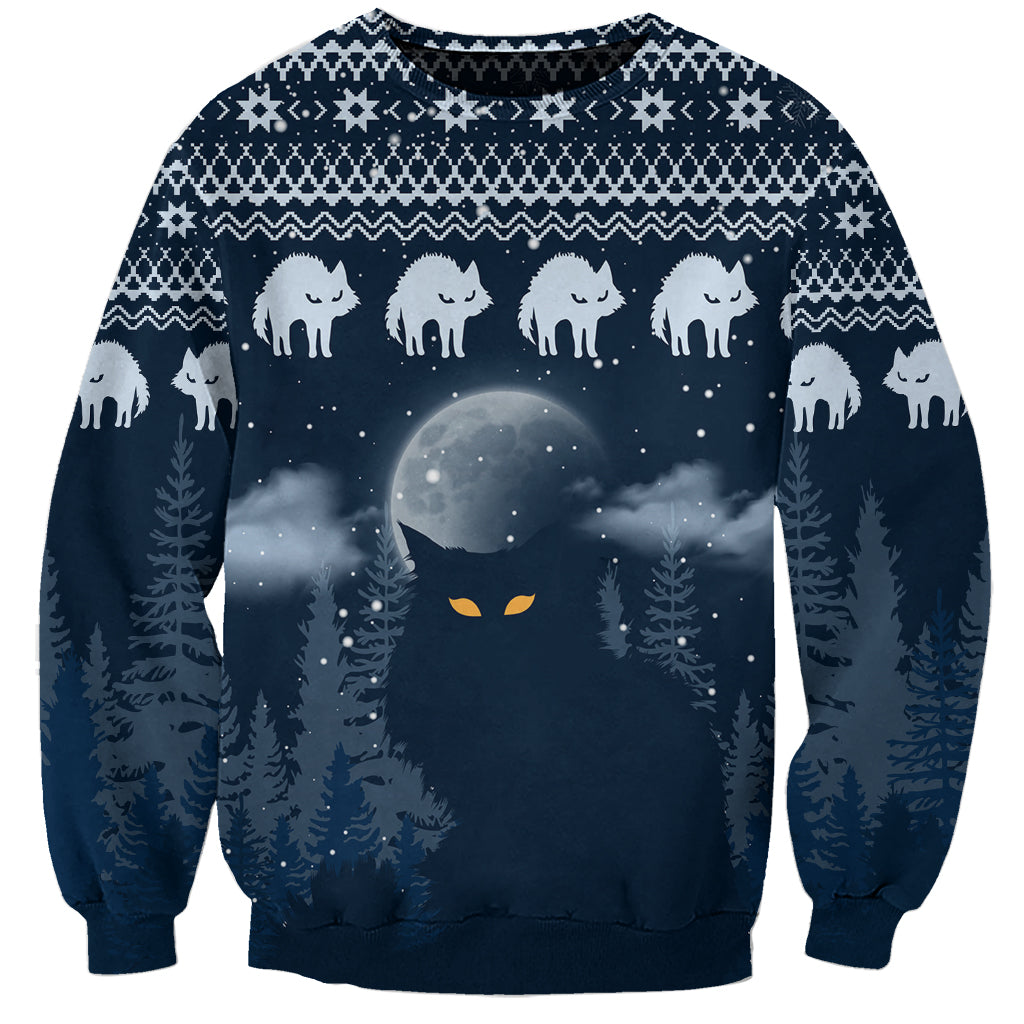 Unisex blue Christmas sweatshirt with snowy cat and moon graphic, winter knit pattern