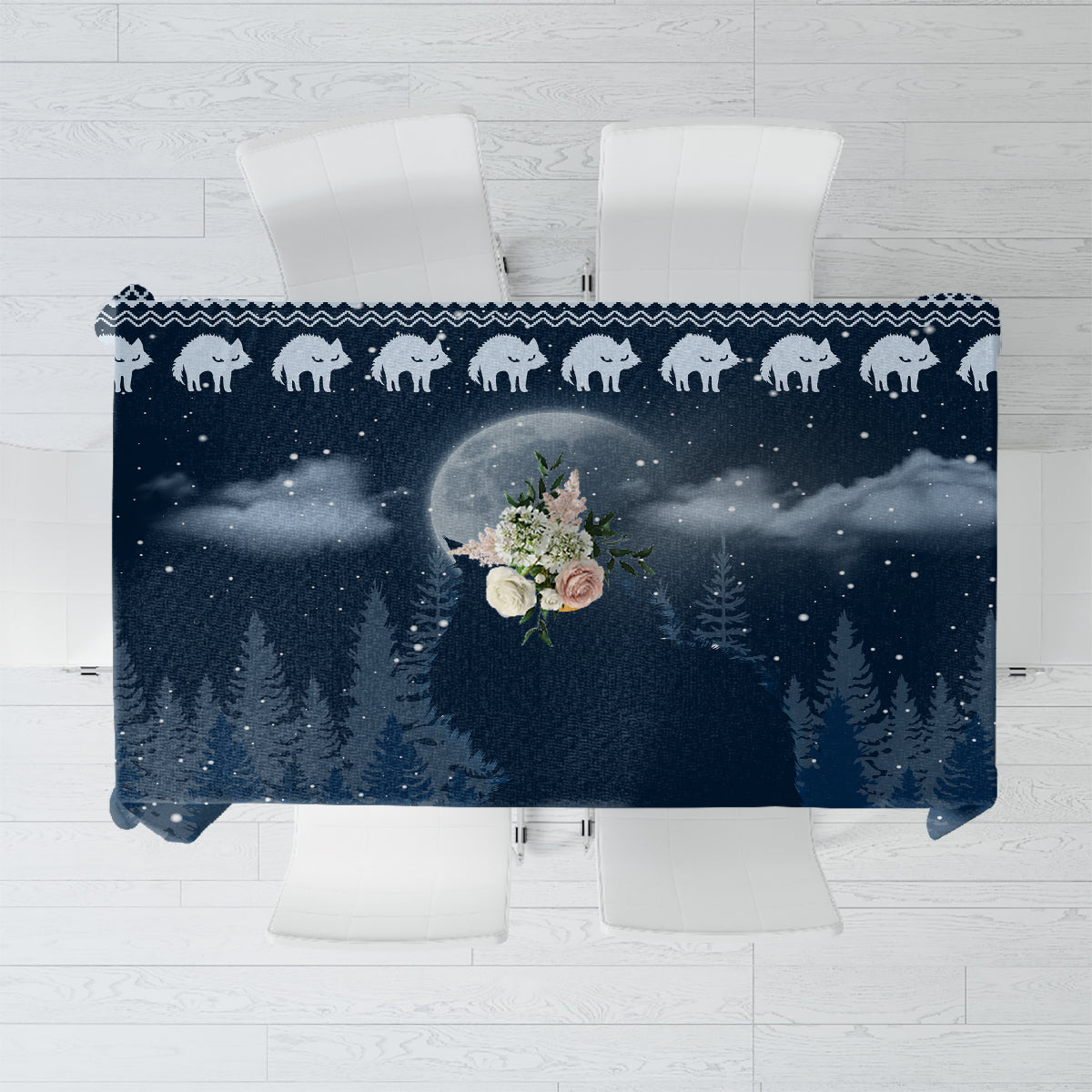 Dark blue Christmas tablecloth with snowy night scene and white cat border