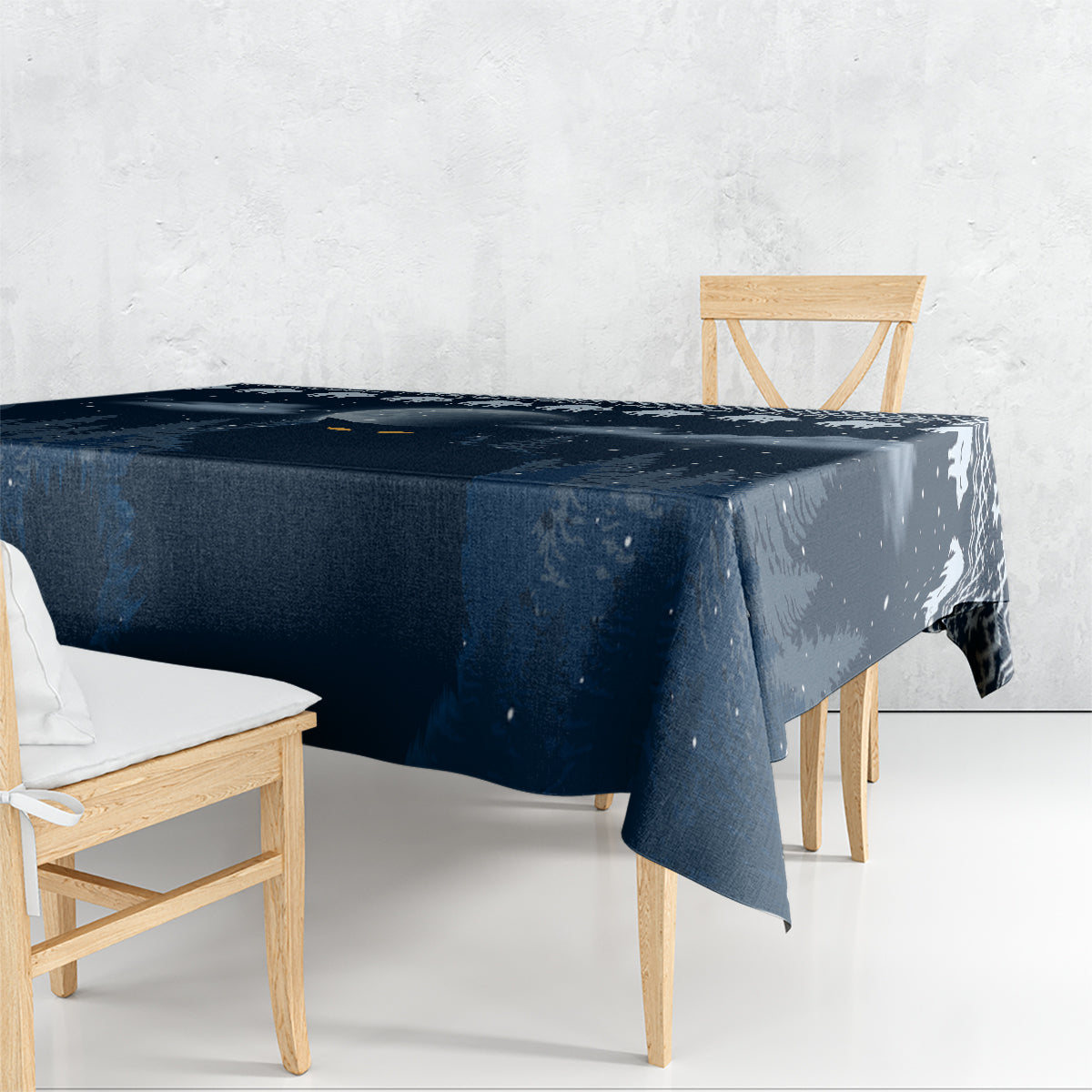 Dark blue square tablecloth with snowy speckle texture and draped corner