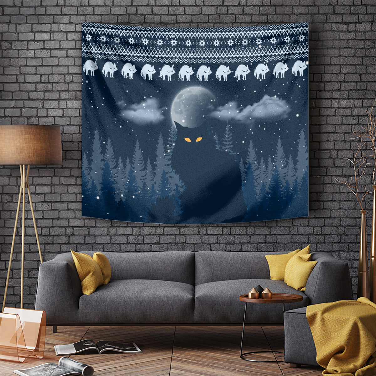 Blue cat Christmas tapestry with moonlit snowy night scene and row of white cats at top