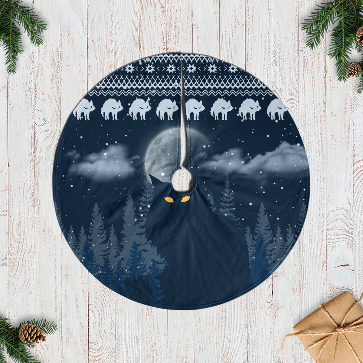 Blue circular tree skirt with snowy night cats and central opening; fringed edge