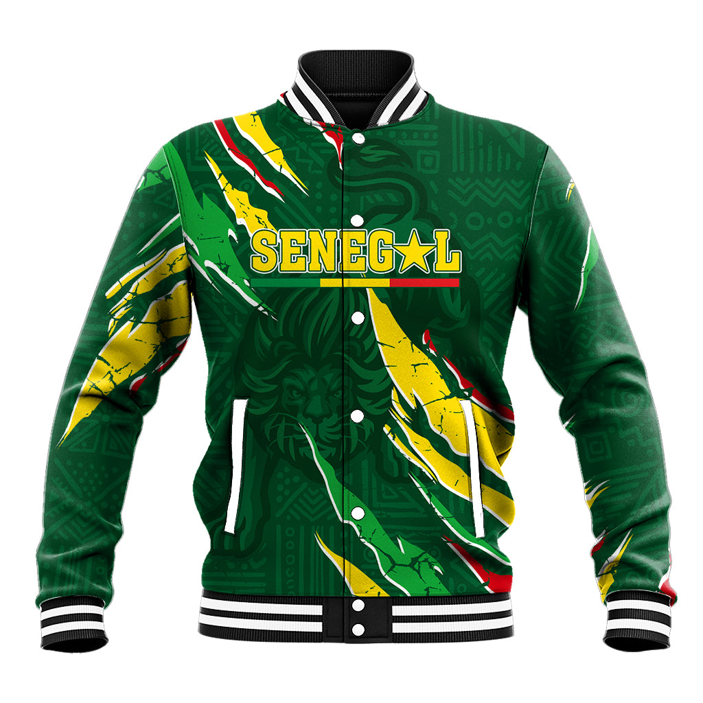 Green baseball jacket with button front, striped collar, and Senegal Lions front graphic