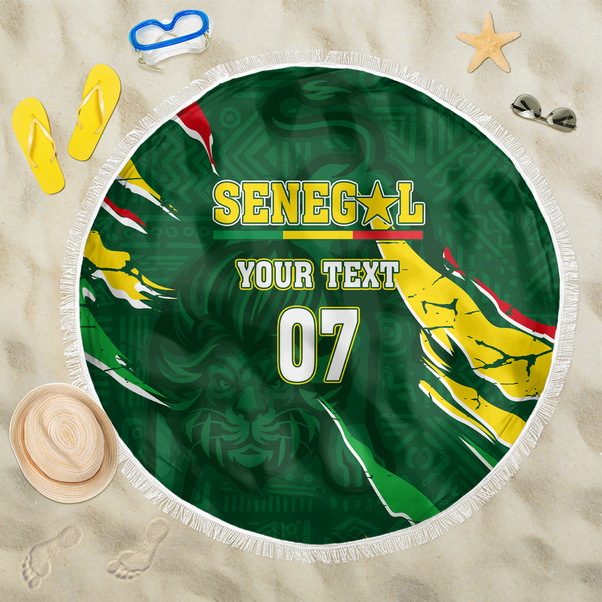 Round green beach blanket with fringe featuring Senegal emblem, “YOUR TEXT” and “07”.