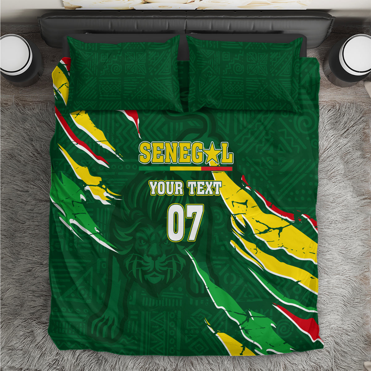 Green Senegal-themed bedding set with crest, flags, and number 07 on duvet and pillowcases