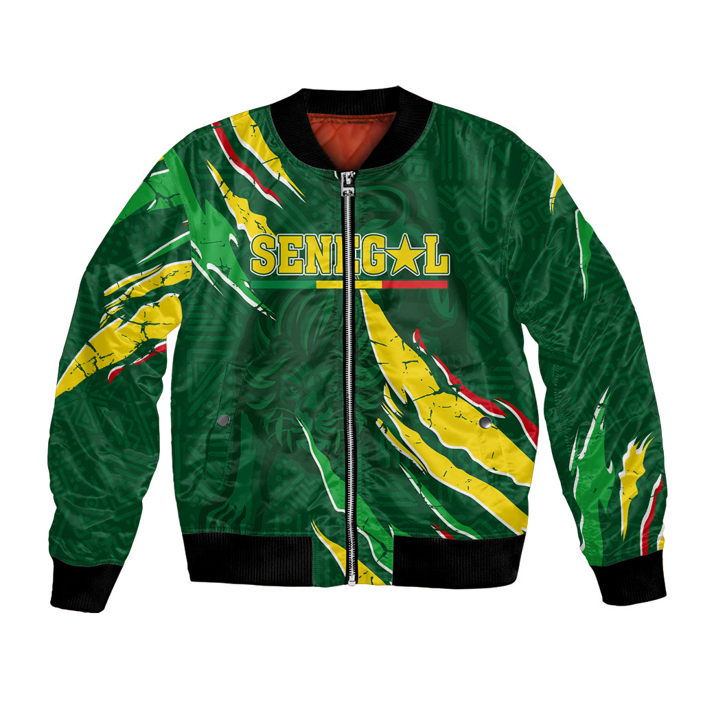 Green zip-front bomber jacket with bold Senegal-themed crest and graphics