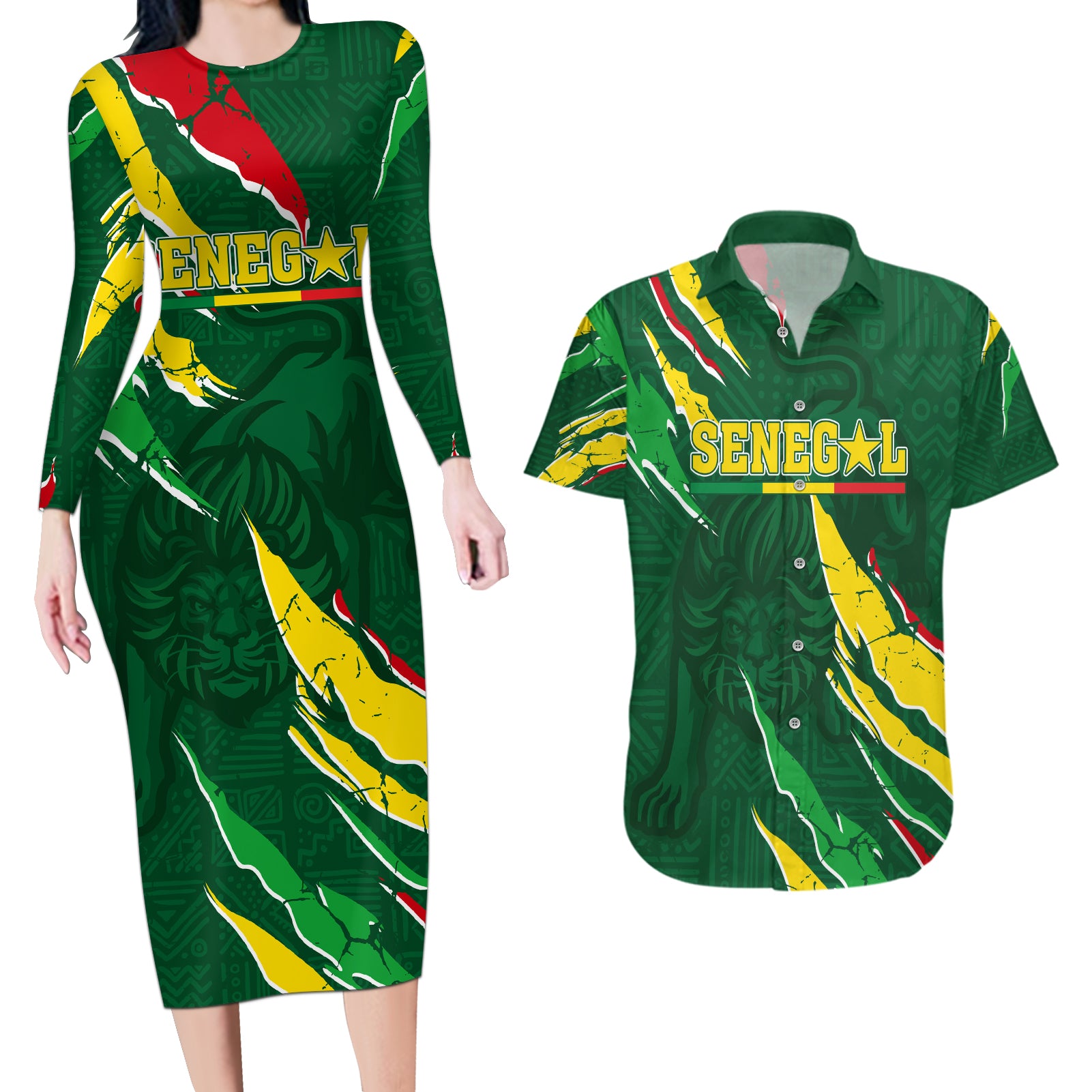 Custom Senegal Football Couples Matching Long Sleeve Bodycon Dress and Hawaiian Shirt Nations Cup 2024 Tranga Lions LT7 - Wonder Print Shop