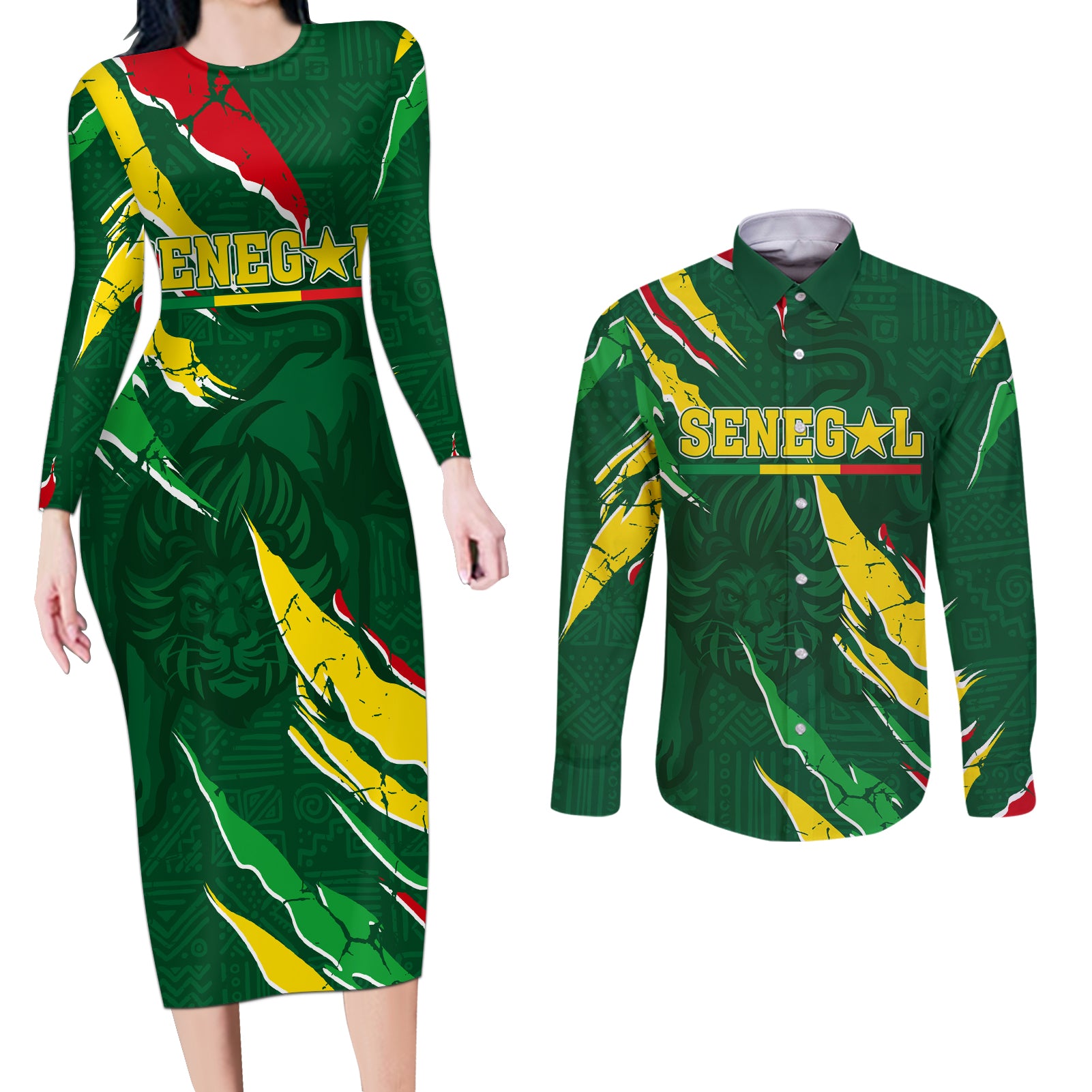 Custom Senegal Football Couples Matching Long Sleeve Bodycon Dress and Long Sleeve Button Shirt Nations Cup 2024 Tranga Lions LT7 - Wonder Print Shop