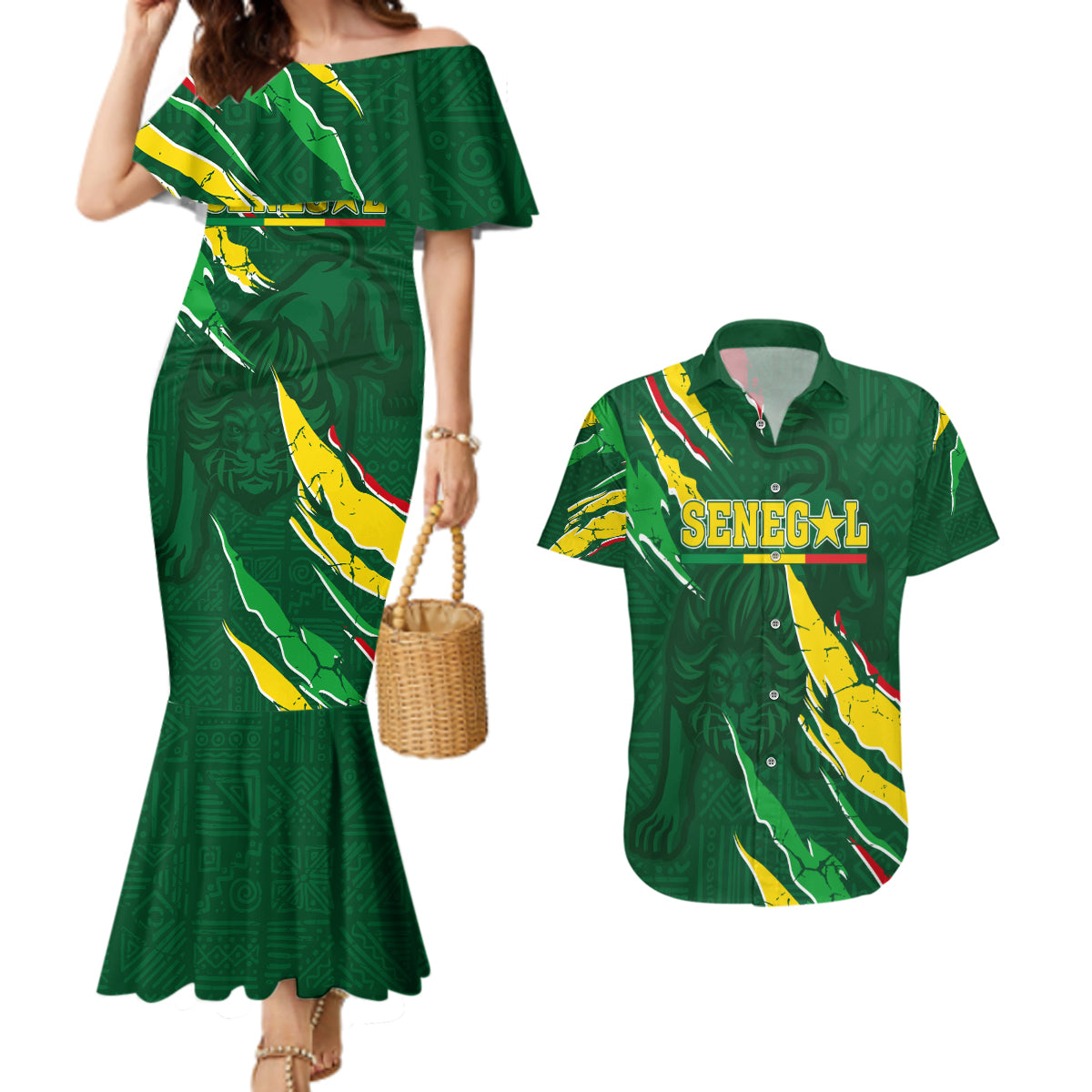 Custom Senegal Football Couples Matching Mermaid Dress and Hawaiian Shirt Nations Cup 2024 Tranga Lions LT7 - Wonder Print Shop