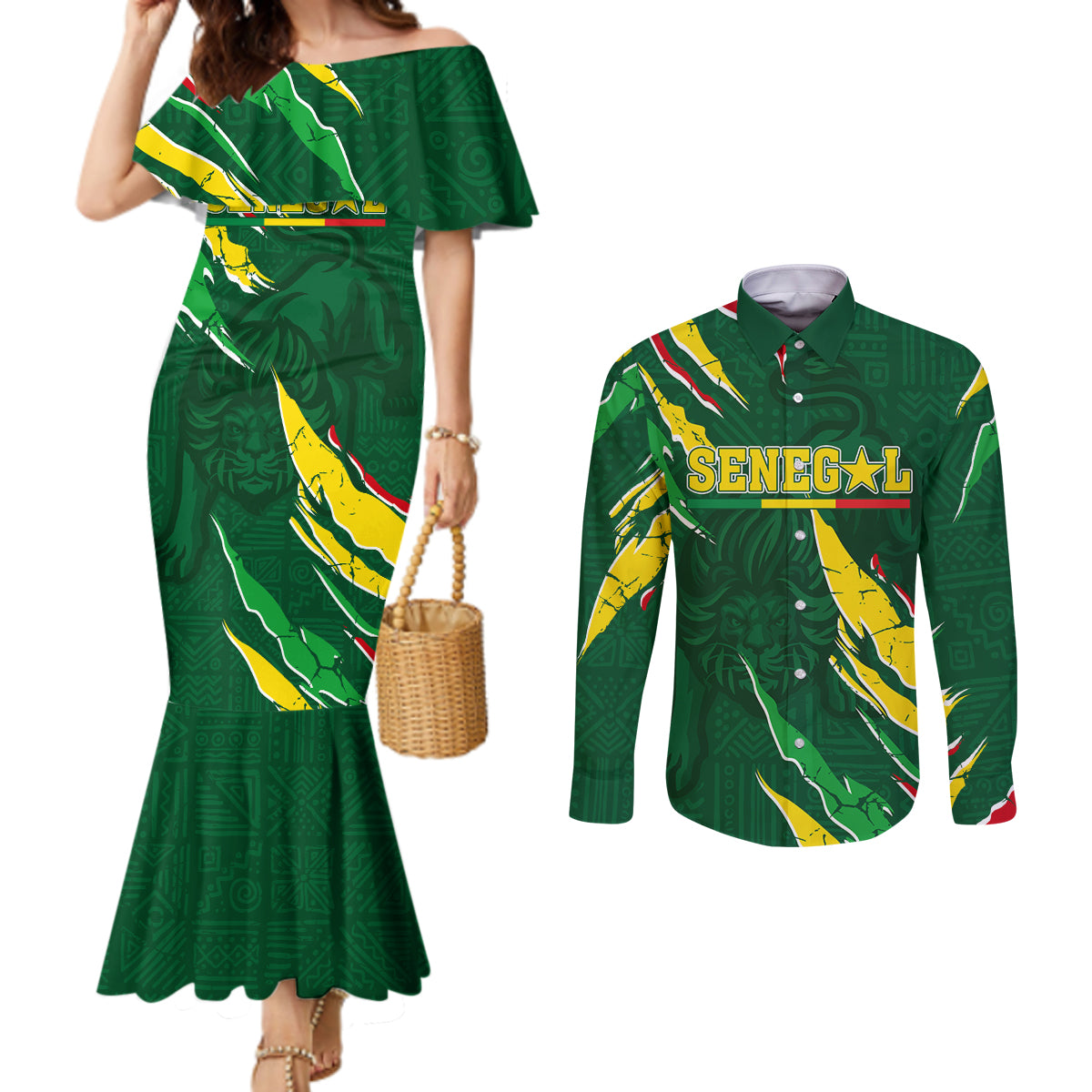 Custom Senegal Football Couples Matching Mermaid Dress and Long Sleeve Button Shirt Nations Cup 2024 Téranga Lions