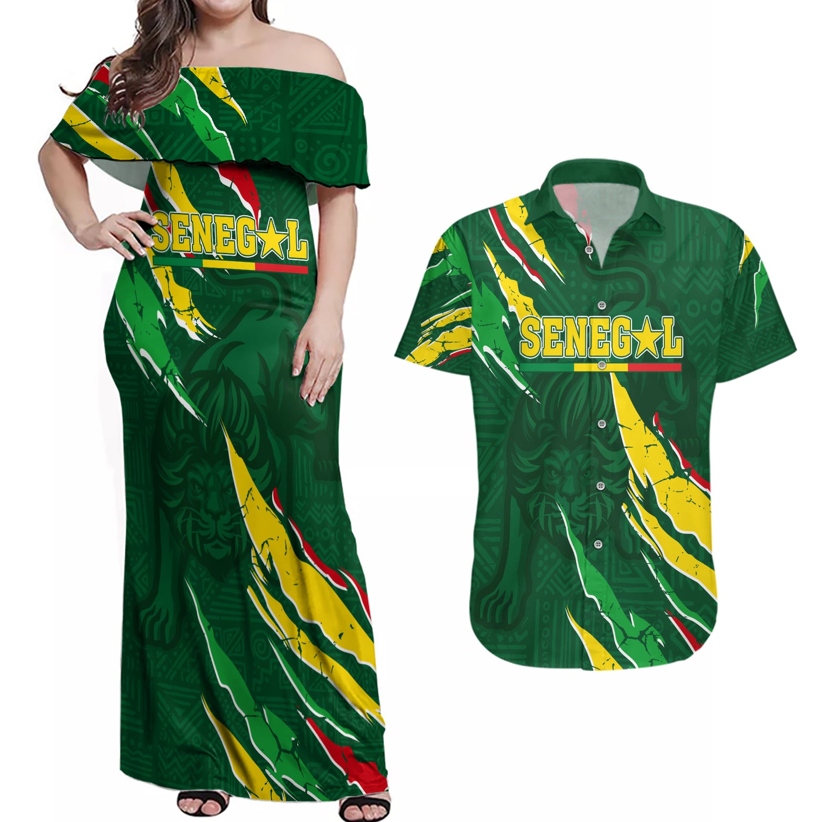 Custom Senegal Football Couples Matching Off Shoulder Maxi Dress and Hawaiian Shirt Nations Cup 2024 Tranga Lions LT7 - Wonder Print Shop