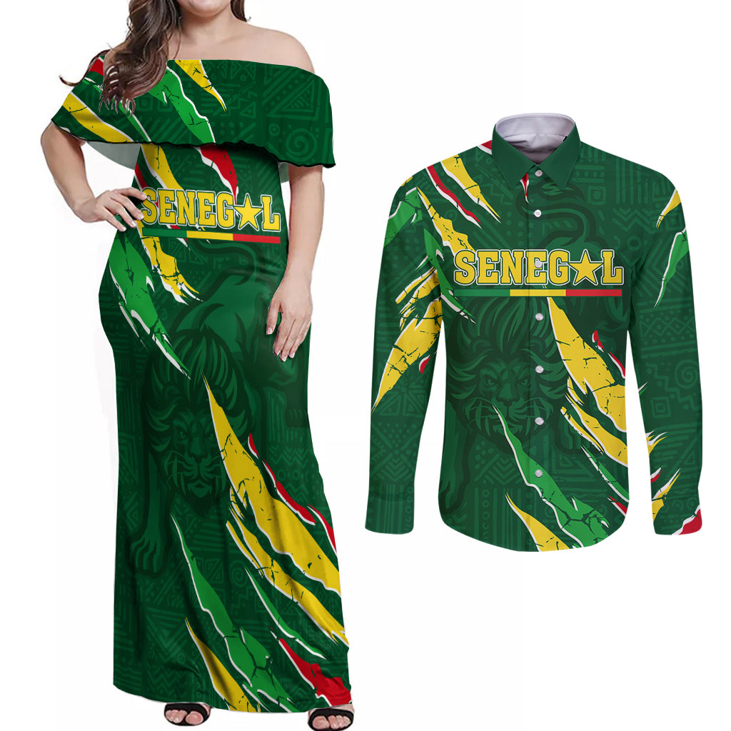 Custom Senegal Football Couples Matching Off Shoulder Maxi Dress and Long Sleeve Button Shirt Nations Cup 2024 Tranga Lions LT7 - Wonder Print Shop