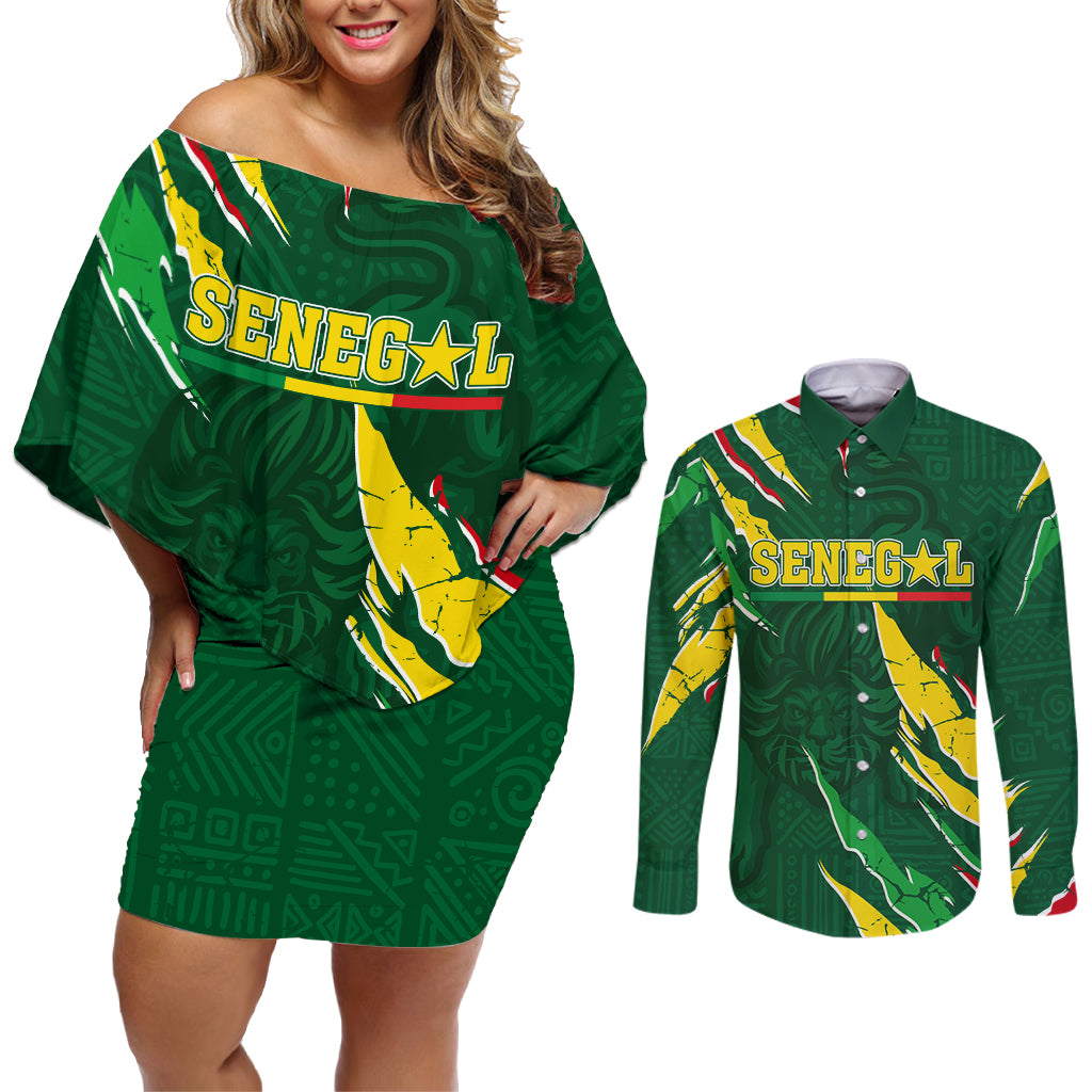 Custom Senegal Football Couples Matching Off Shoulder Short Dress and Long Sleeve Button Shirt Nations Cup 2024 Tranga Lions LT7 - Wonder Print Shop