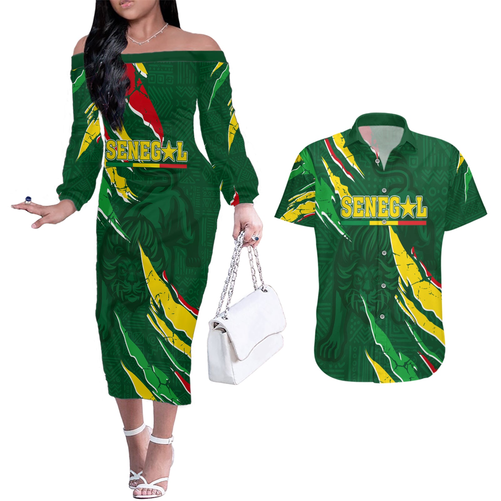 Custom Senegal Football Couples Matching Off The Shoulder Long Sleeve Dress and Hawaiian Shirt Nations Cup 2024 Tranga Lions LT7 - Wonder Print Shop