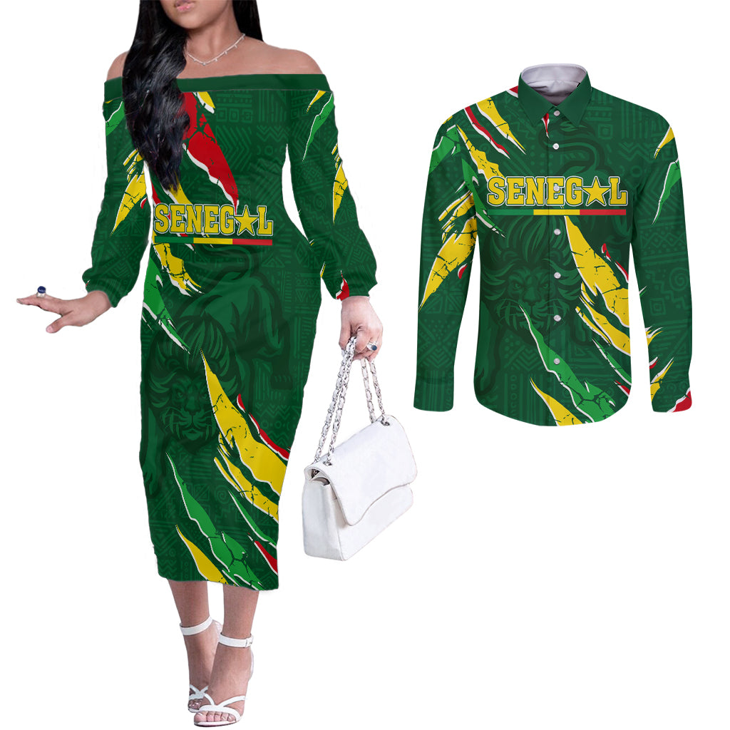 Custom Senegal Football Couples Matching Off The Shoulder Long Sleeve Dress and Long Sleeve Button Shirt Nations Cup 2024 Téranga Lions