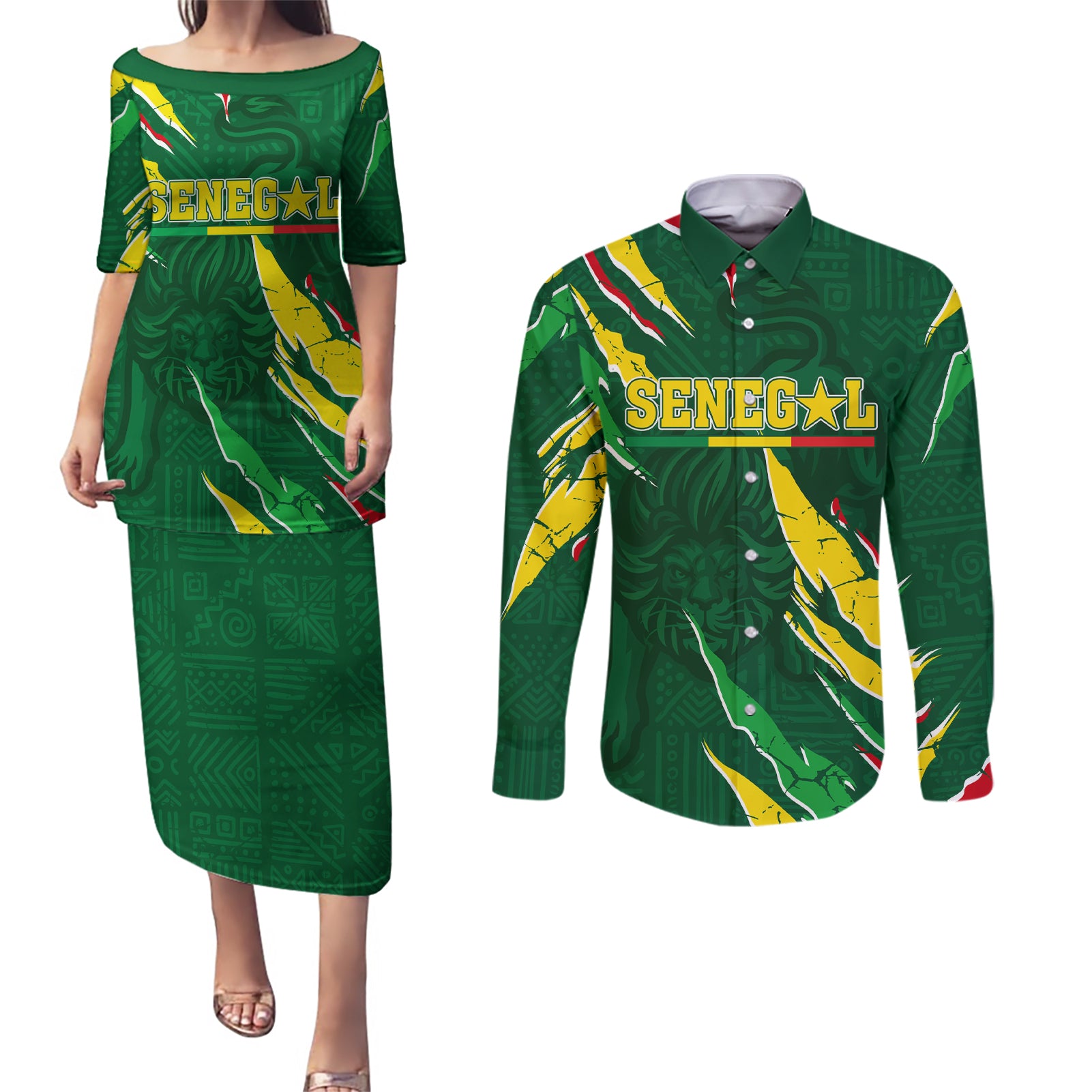 Custom Senegal Football Couples Matching Puletasi and Long Sleeve Button Shirt Nations Cup 2024 Tranga Lions LT7 - Wonder Print Shop