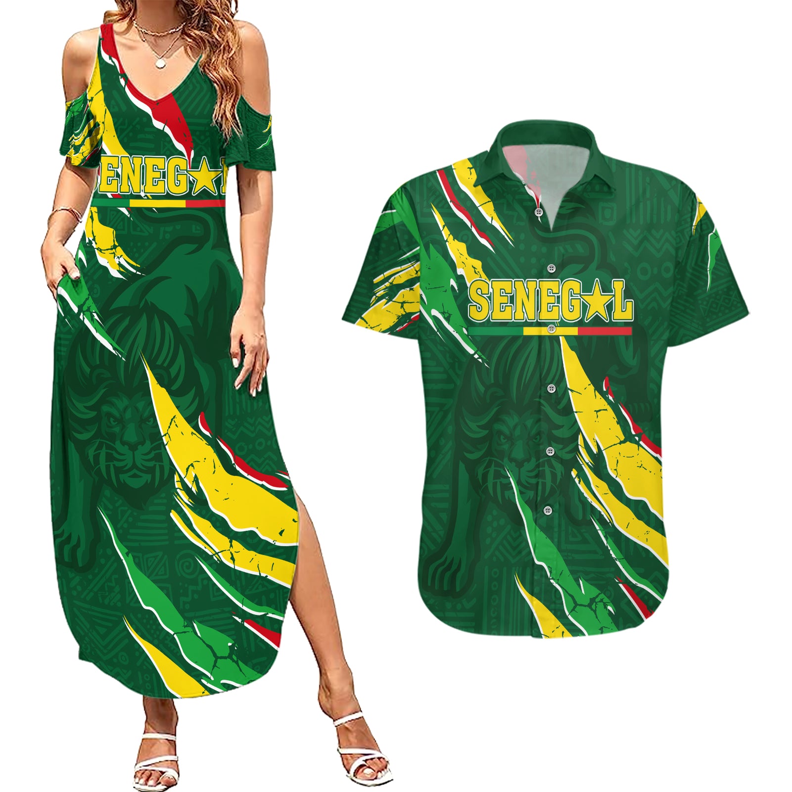 Custom Senegal Football Couples Matching Summer Maxi Dress and Hawaiian Shirt Nations Cup 2024 Tranga Lions LT7 - Wonder Print Shop