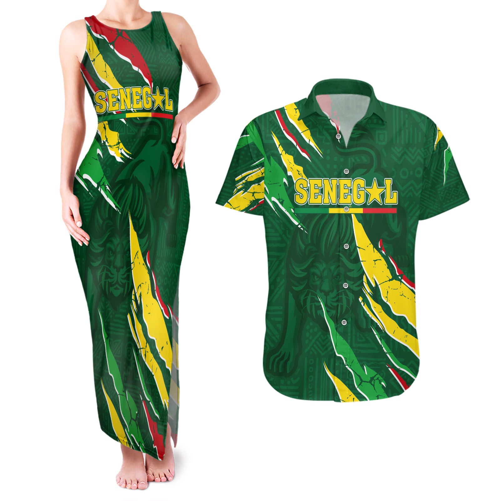 Custom Senegal Football Couples Matching Tank Maxi Dress and Hawaiian Shirt Nations Cup 2024 Tranga Lions LT7 - Wonder Print Shop