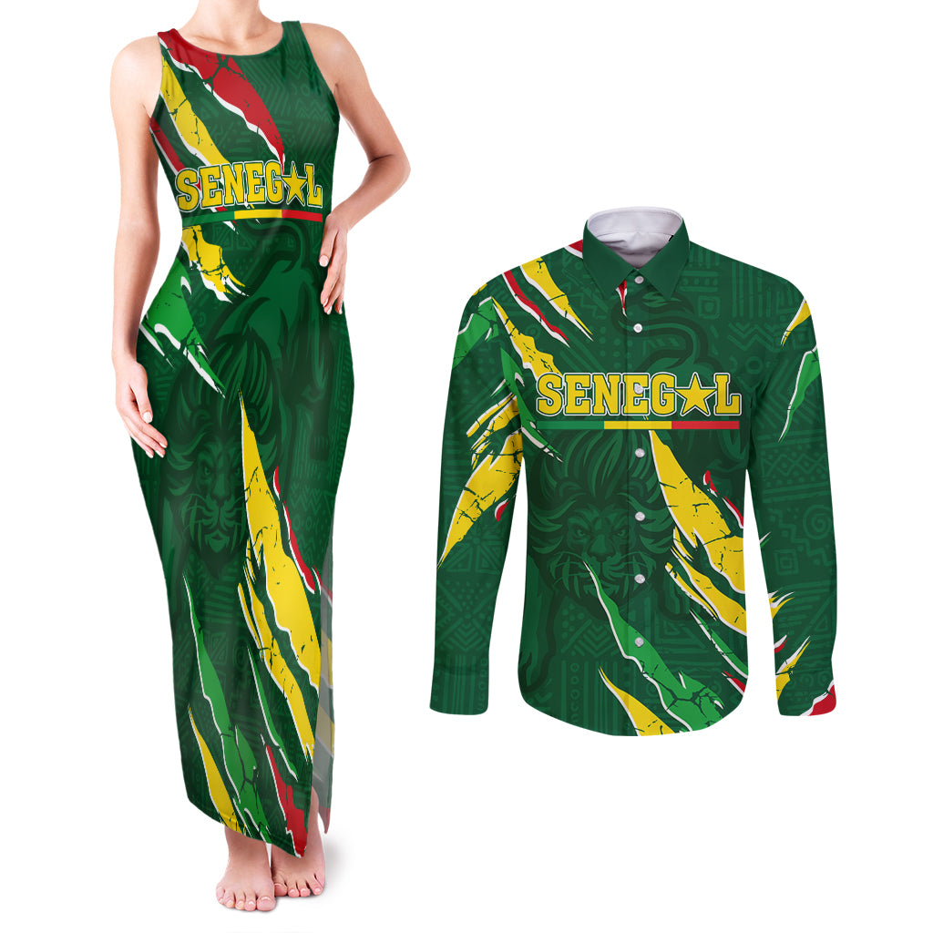 Custom Senegal Football Couples Matching Tank Maxi Dress and Long Sleeve Button Shirt Nations Cup 2024 Tranga Lions LT7 - Wonder Print Shop