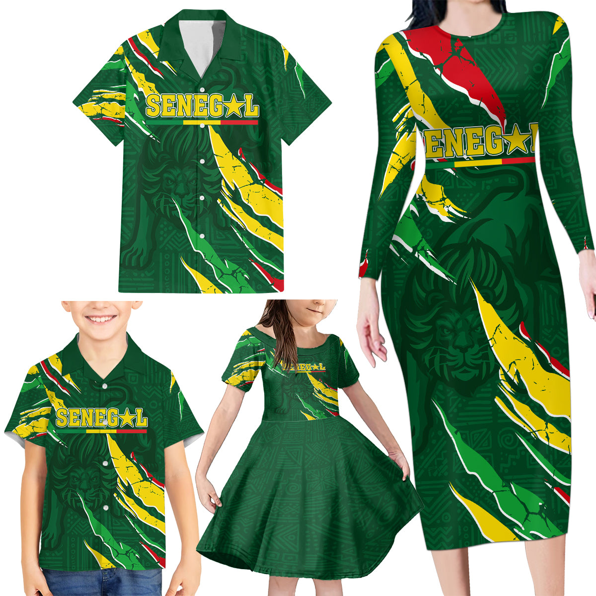 Custom Senegal Football Family Matching Long Sleeve Bodycon Dress and Hawaiian Shirt Nations Cup 2024 Tranga Lions LT7 - Wonder Print Shop