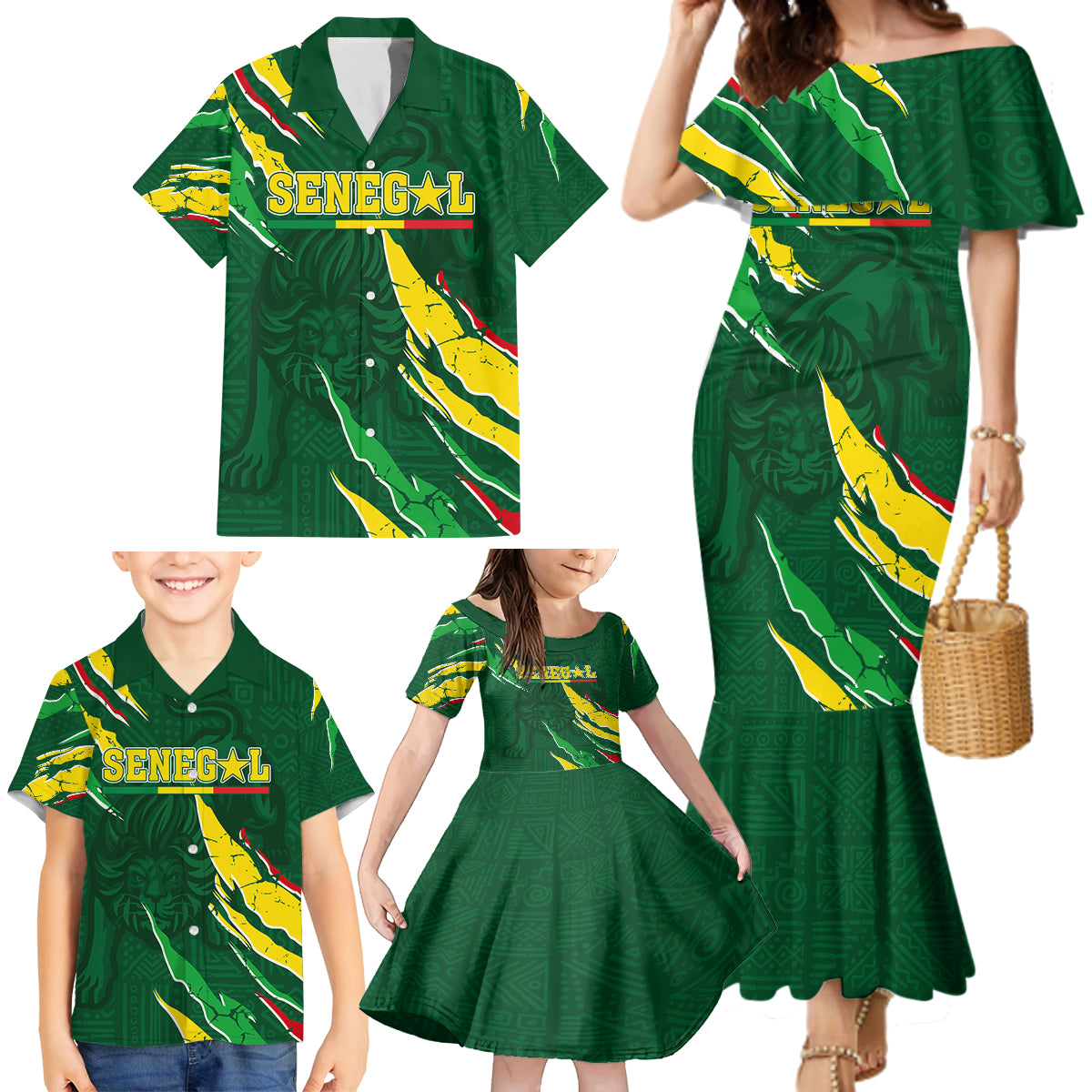 Custom Senegal Football Family Matching Mermaid Dress and Hawaiian Shirt Nations Cup 2024 Tranga Lions LT7 - Wonder Print Shop