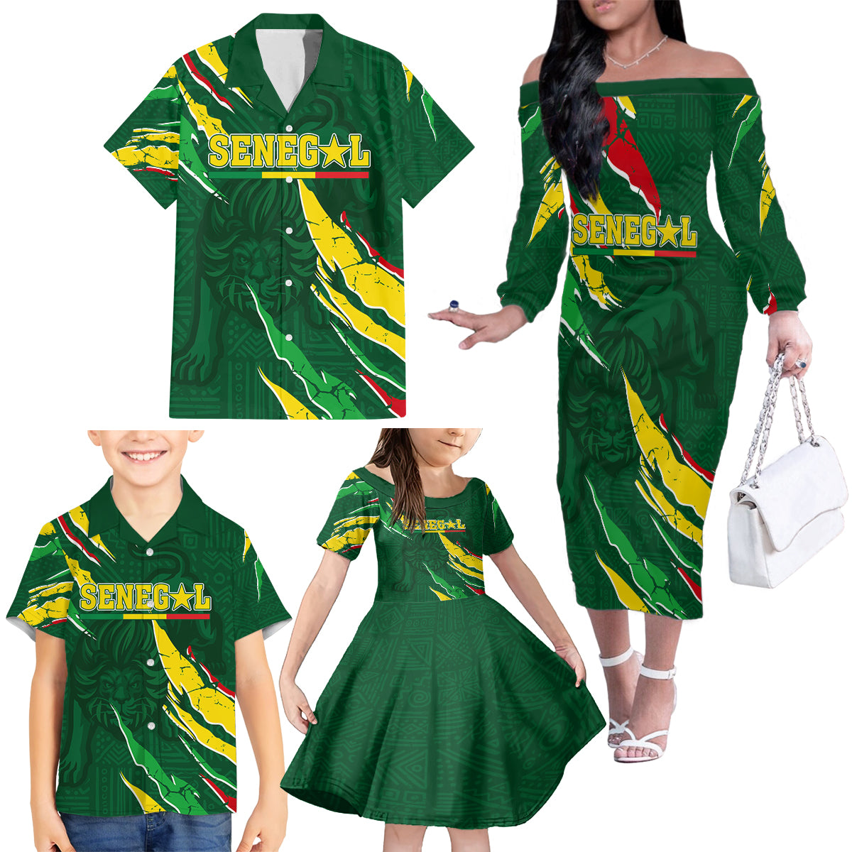 Custom Senegal Football Family Matching Off Shoulder Long Sleeve Dress and Hawaiian Shirt Nations Cup 2024 Tranga Lions - Wonder Print Shop